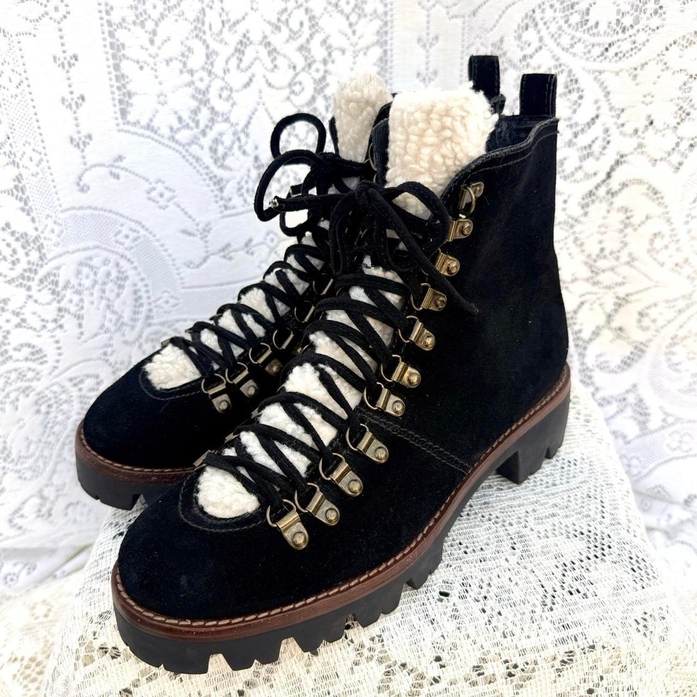 Jeffrey Campbell Black Suede Shearling Hiking Boots — Size 9.5